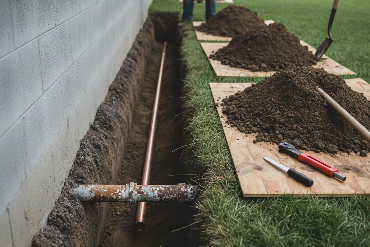 Excavated water line trench during Sewer Line Repair in Lomira